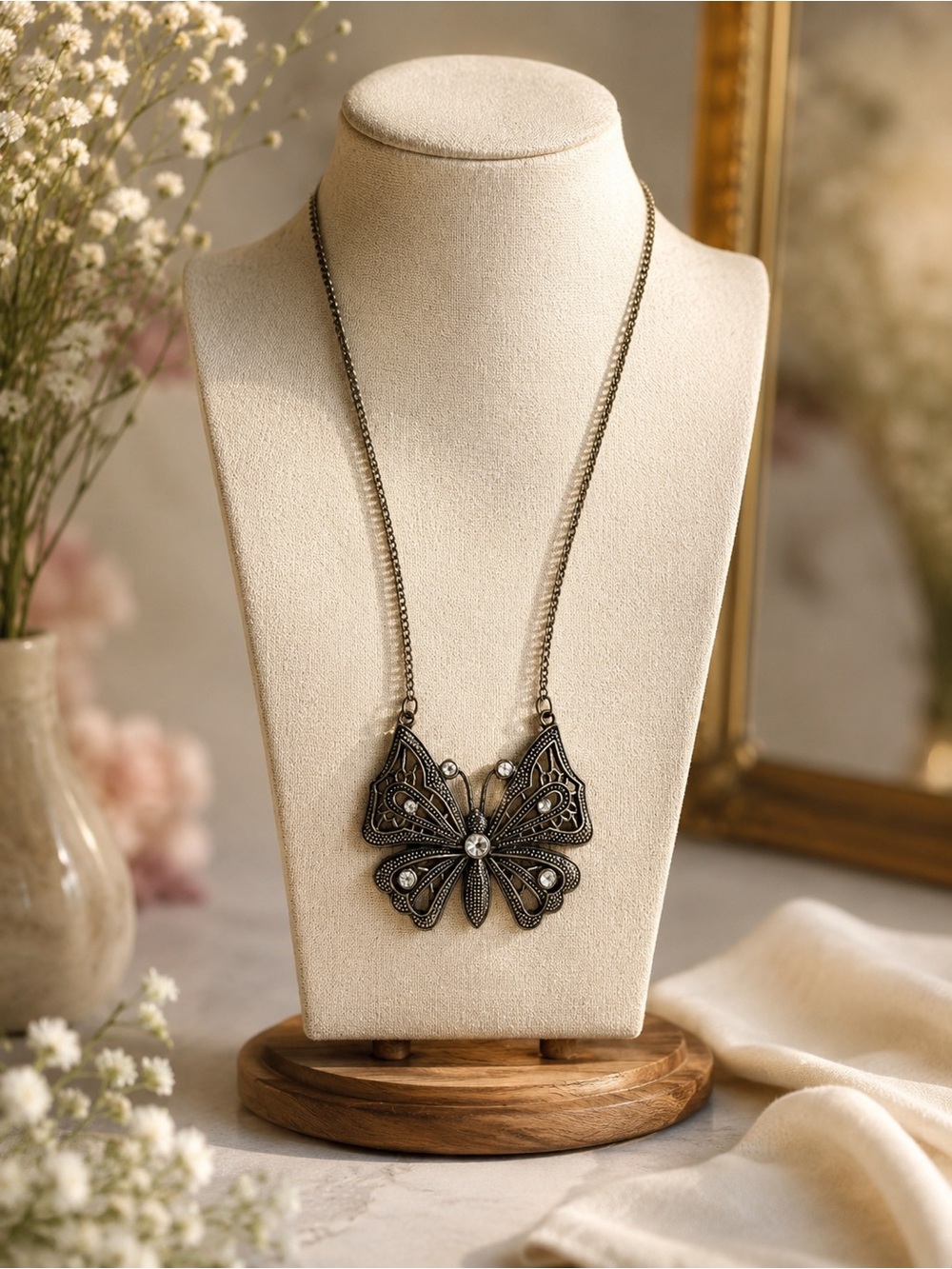 Baroque Butterfly Rhinestone Large Pendant Necklace Brass Colored Original 12"